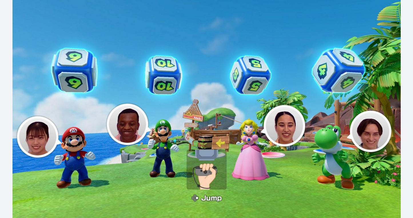 Screenshot of Super Mario Party Jamboree gameplay, featuring iconic characters like Mario, Luigi, Princess Peach, and Yoshi on a lush tropical island. Four floating dice with numbers are visible above, indicating a minigame setup. Five circular avatars represent real players, suggesting multiplayer interaction. The word 'Jump' appears at the bottom as an instruction.
