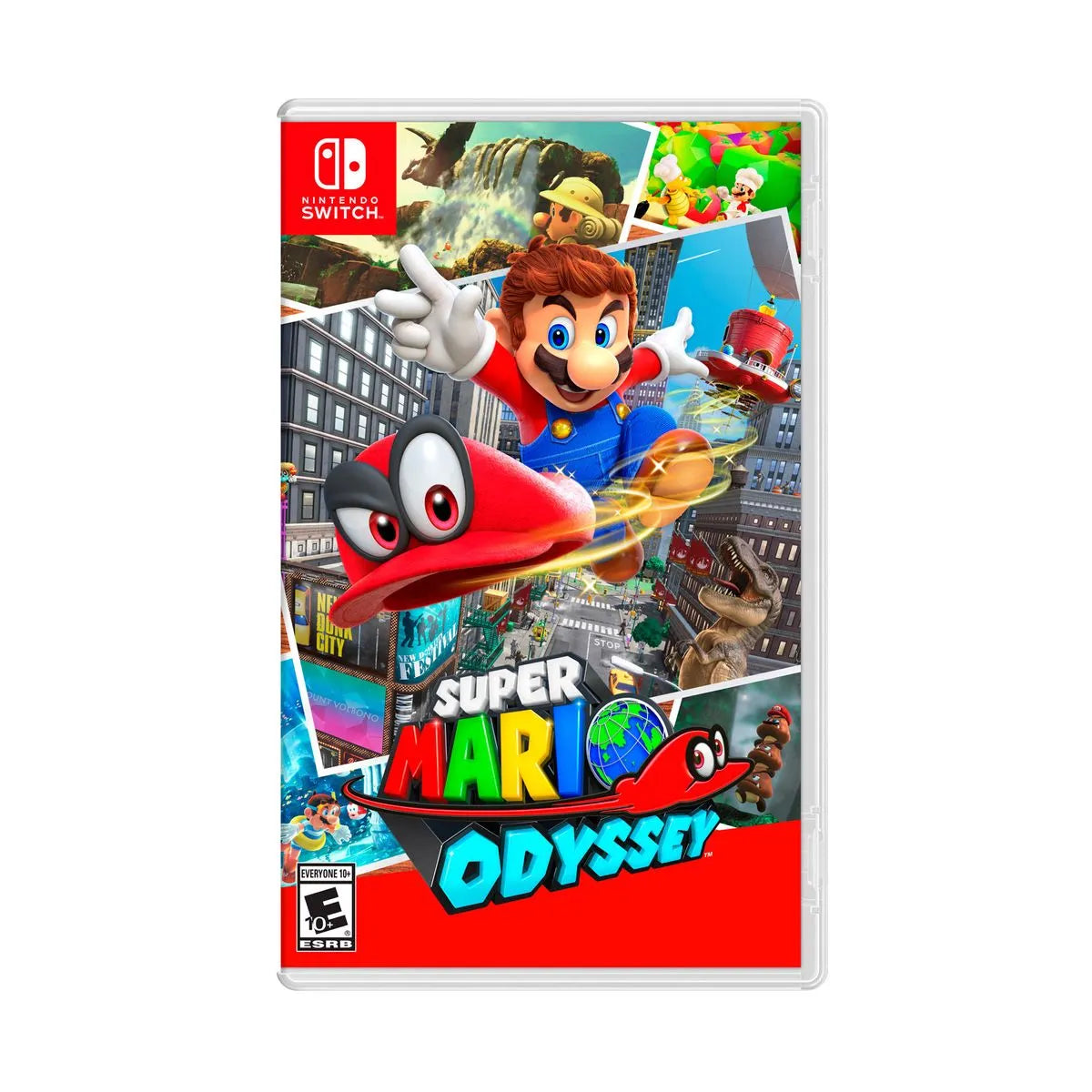 Cover art for Super Mario Odyssey – Nintendo Switch Edition, featuring Mario flying with Cappy through a vibrant cityscape.