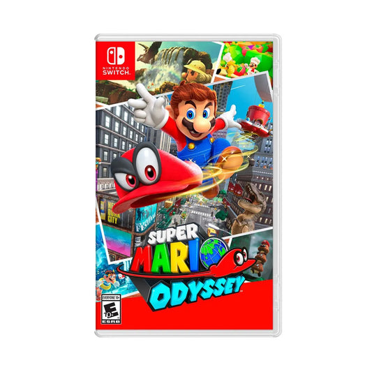 Cover art for Super Mario Odyssey – Nintendo Switch Edition, featuring Mario flying with Cappy through a vibrant cityscape.