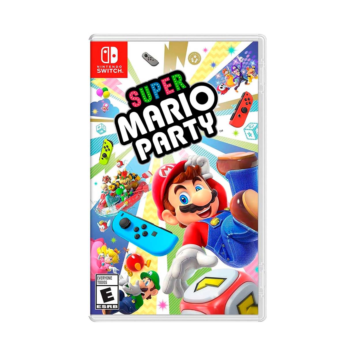 Cover art for Super Mario Party – Nintendo Switch Edition, featuring Mario holding a Joy-Con controller with colorful characters and mini-games in the background.