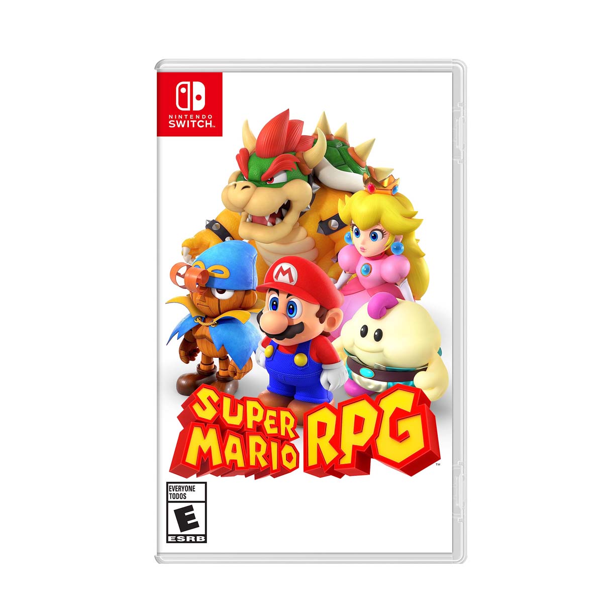 Cover art for Super Mario RPG – Nintendo Switch Edition, featuring Mario, Princess Peach, Bowser, and other characters standing together.