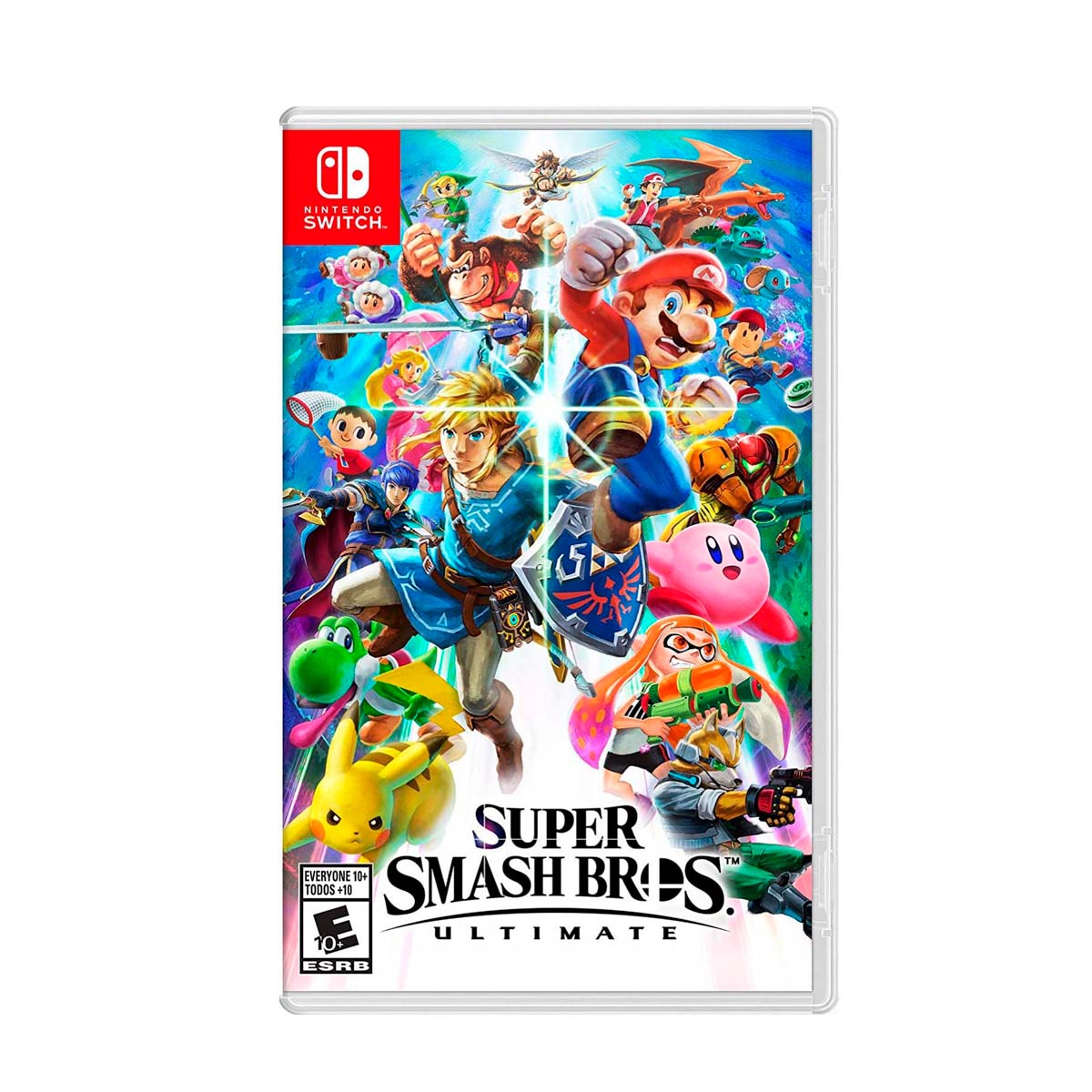 Cover art for Super Smash Bros. Ultimate – Nintendo Switch Edition, featuring a vibrant collage of iconic characters from various franchises ready for battle.