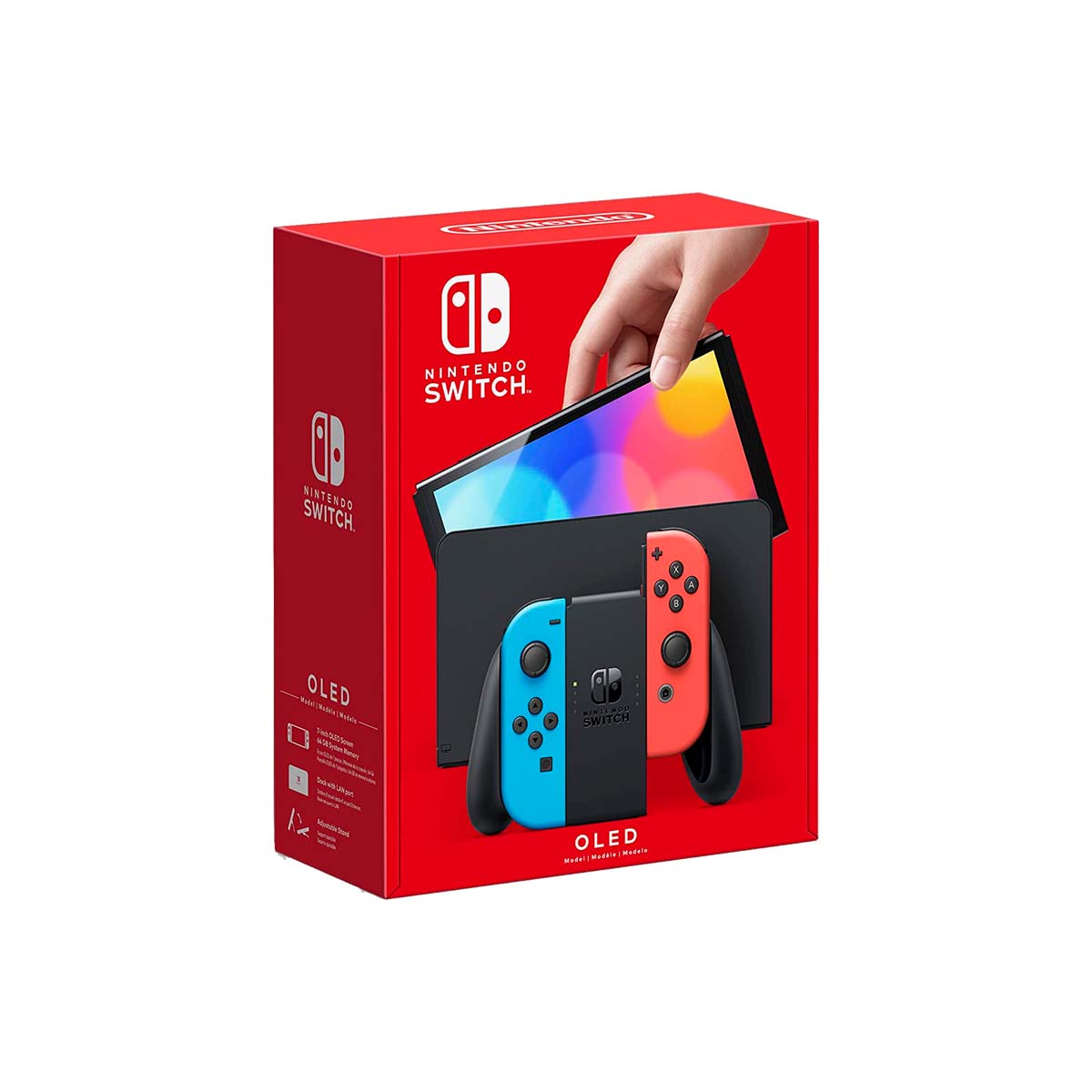 Nintendo Switch OLED Model featuring vibrant Neon Red and Neon Blue Joy-Con controllers, packaged in a sleek red box with the Nintendo Switch logo prominently displayed.