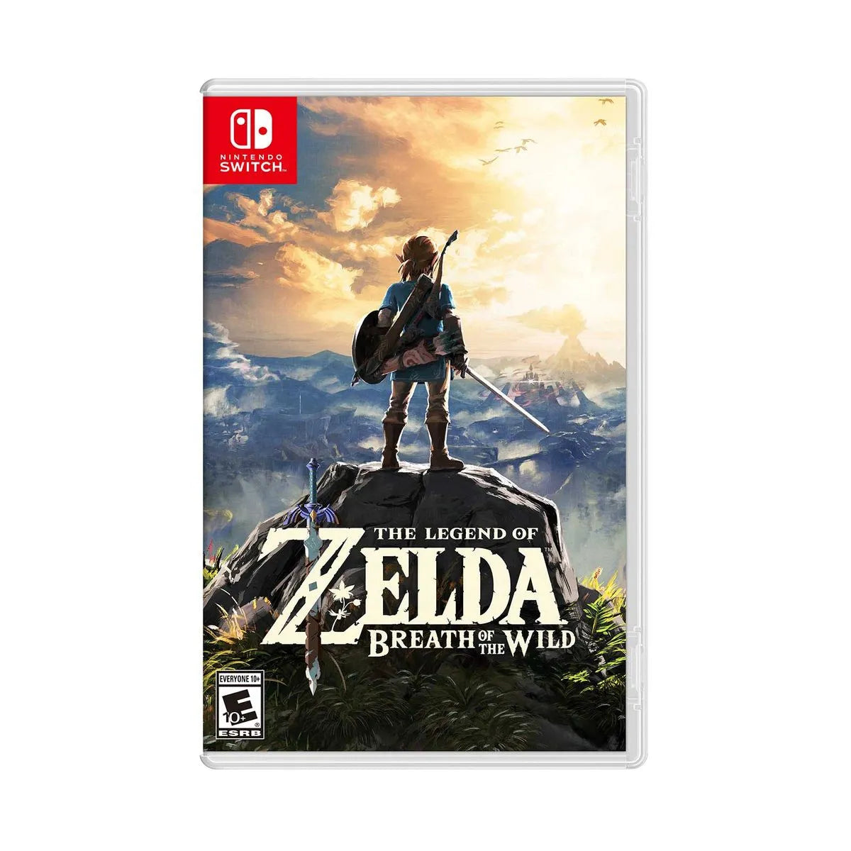 Cover art for The Legend of Zelda: Breath of the Wild – Nintendo Switch Edition, featuring Link standing on a rocky outcrop with a sword and shield, overlooking a vast landscape.