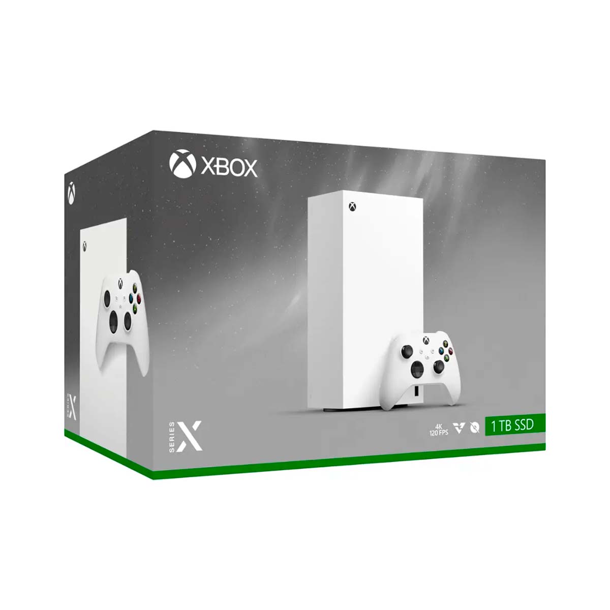Official Xbox Series X console box in Robot White, showcasing the product's design and features.