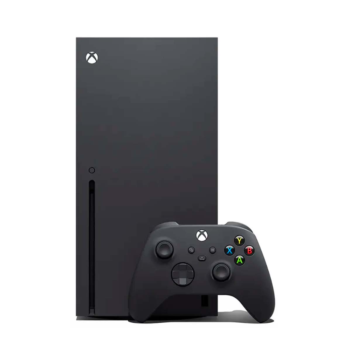The sleek Xbox Series X console in Carbon Black paired with an Xbox Wireless Controller, showcasing its powerful design and gaming capabilities.