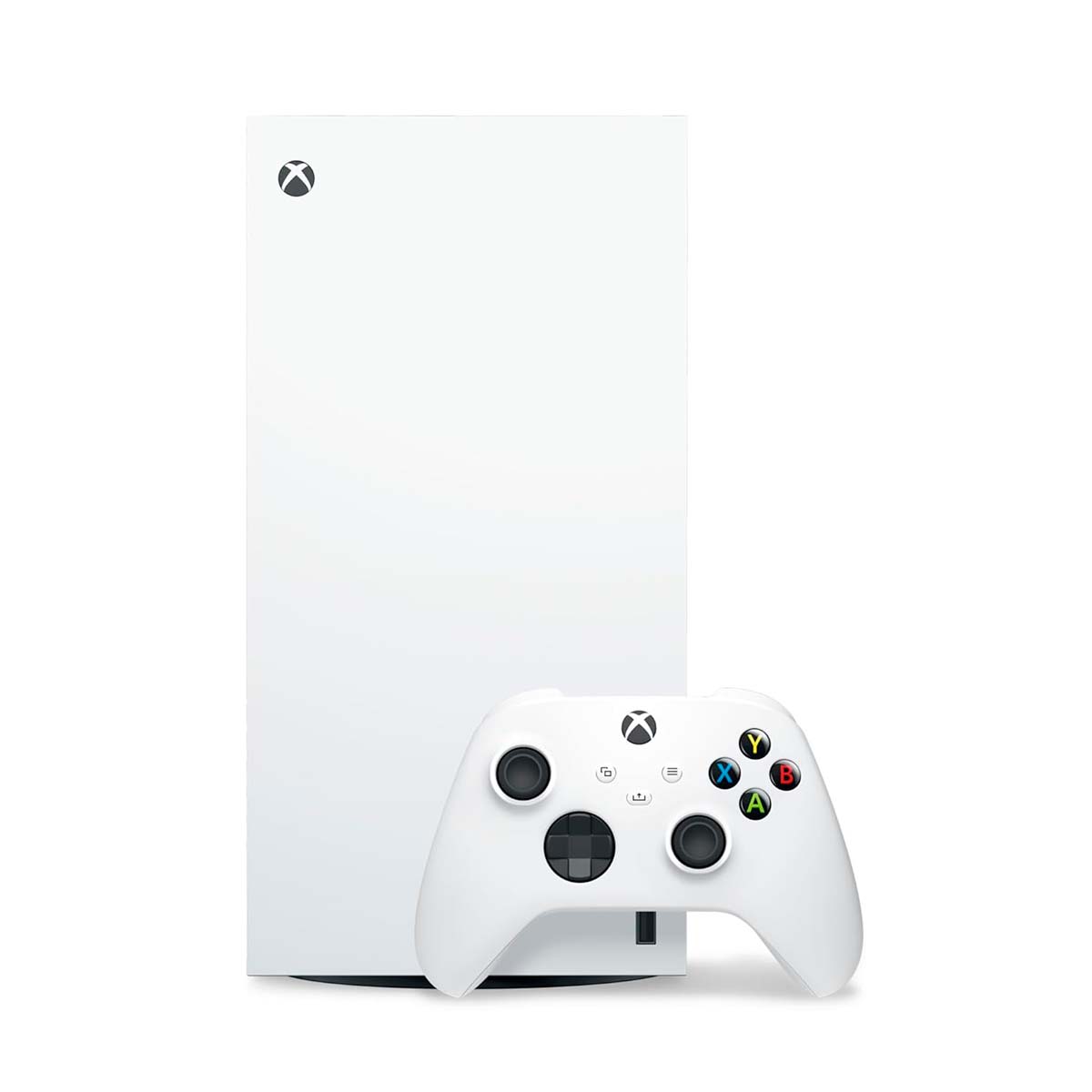 The sleek Xbox Series X console in Robot White, featuring a futuristic design with advanced gaming capabilities.