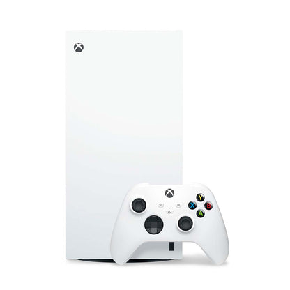 The sleek Xbox Series X console in Robot White, featuring a futuristic design with advanced gaming capabilities.