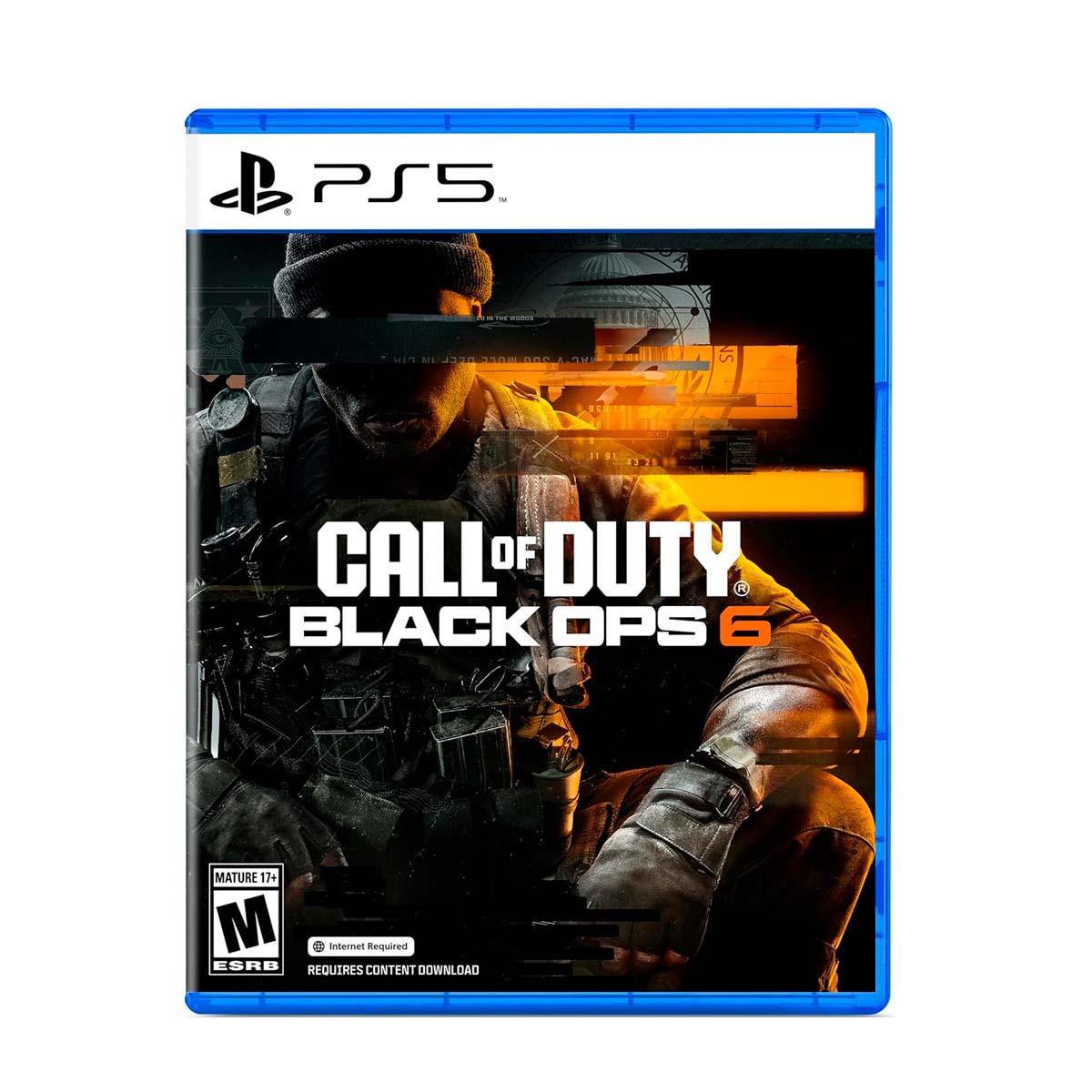 Cover art for Call of Duty: Black Ops 6 – PlayStation 5 Edition, featuring a soldier in tactical gear with a fiery background.