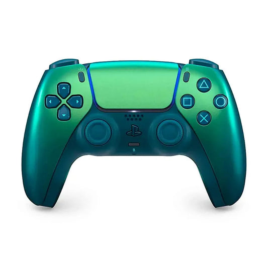 Teal chroma DualSense wireless controller for PlayStation 5, featuring vibrant colors and ergonomic design.