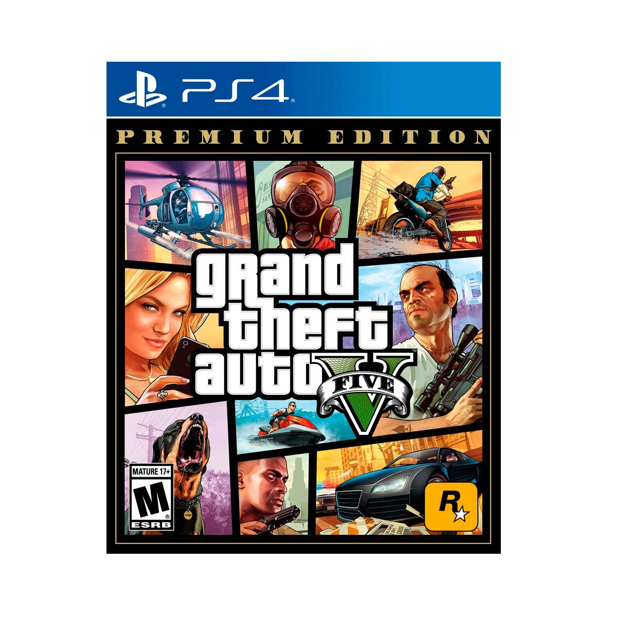 Cover art for Grand Theft Auto V (GTA V) Premium Edition for PlayStation 4, featuring a collage of vibrant scenes including a helicopter, a masked character, a motorcycle rider, a woman holding a phone, a dog, a jet ski rider, a man with a gun, and a sleek black car. The title 'Grand Theft Auto V' is prominently displayed in bold white letters, with the Rockstar Games logo in the bottom right corner.