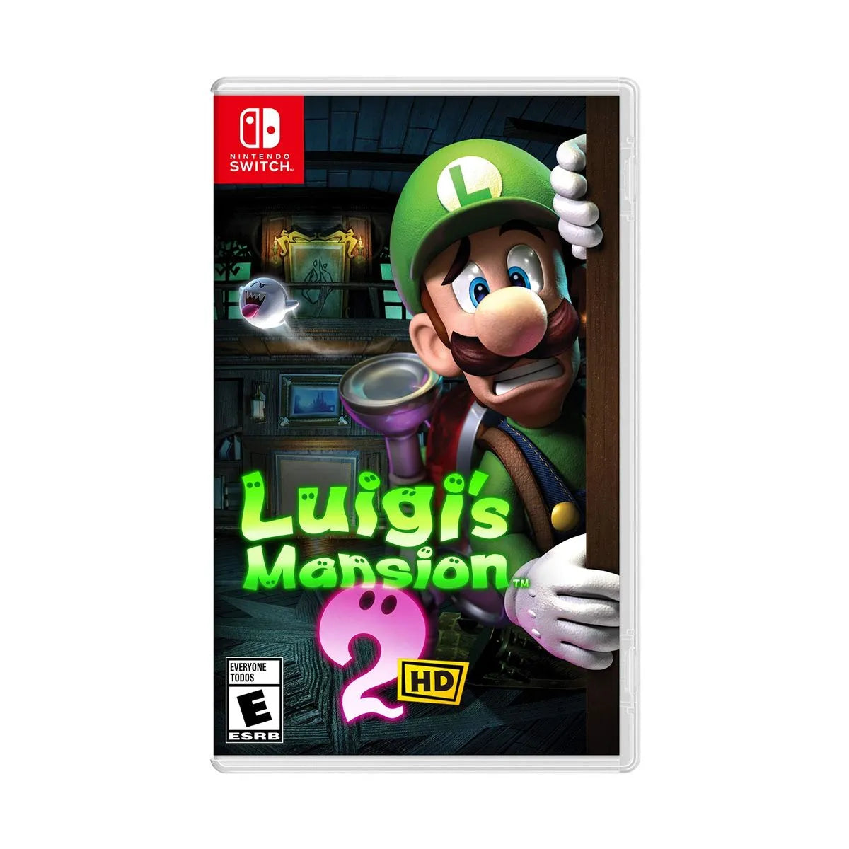 Cover art for Luigi’s Mansion 2 HD – Nintendo Switch Edition, featuring Luigi holding a flashlight and wearing a green hat.