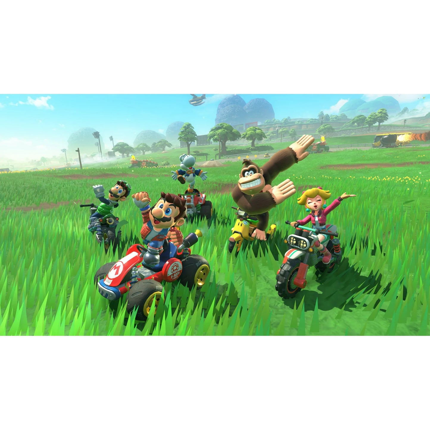 In-game screenshot from Mario Kart – Nintendo Switch 2 Edition, featuring characters racing through a bustling urban track with high-speed action.