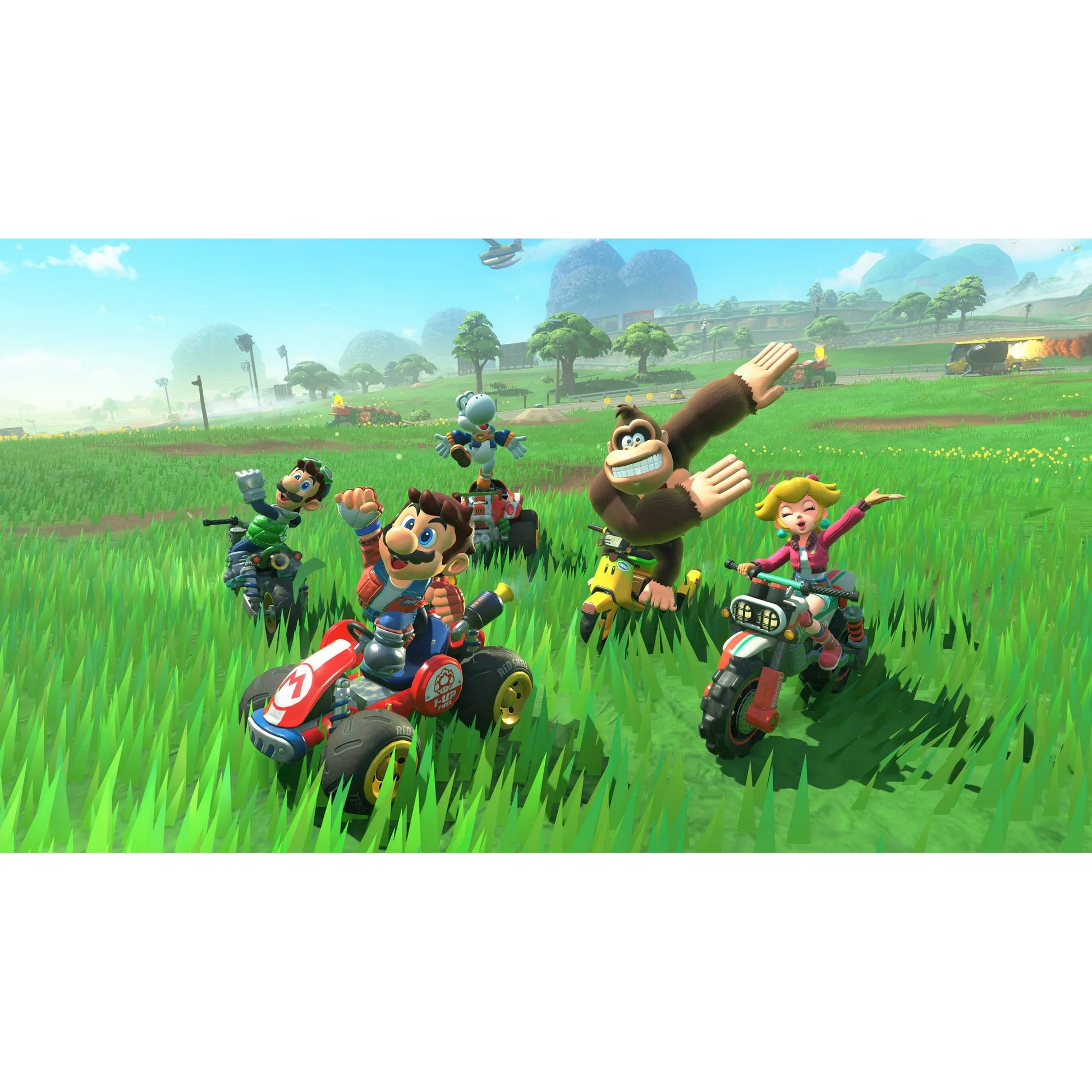 In-game screenshot from Mario Kart – Nintendo Switch 2 Edition, featuring characters racing through a bustling urban track with high-speed action.