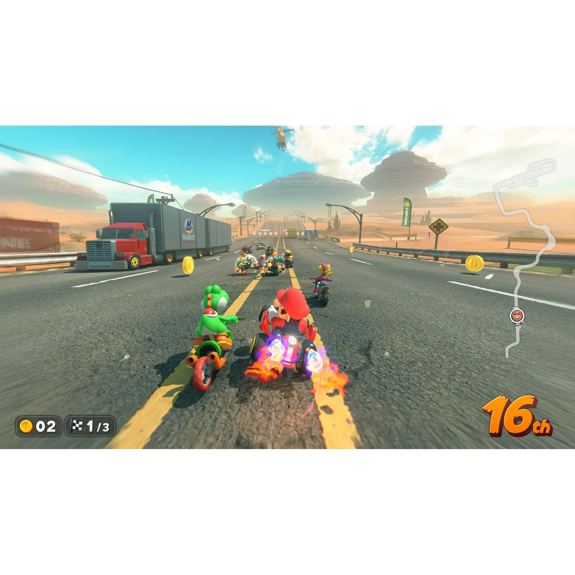 In-game screenshot from Mario Kart – Nintendo Switch 2 Edition, featuring characters racing through a bustling urban track with high-speed action.