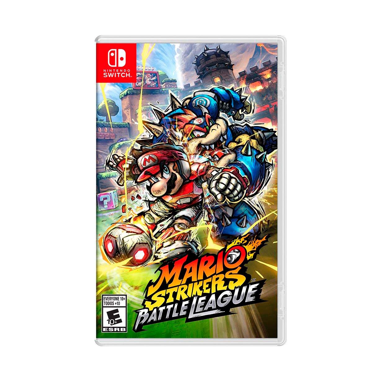 Cover art for Mario Strikers Battle League – Nintendo Switch Edition, featuring Mario and other characters in a dynamic action pose.
