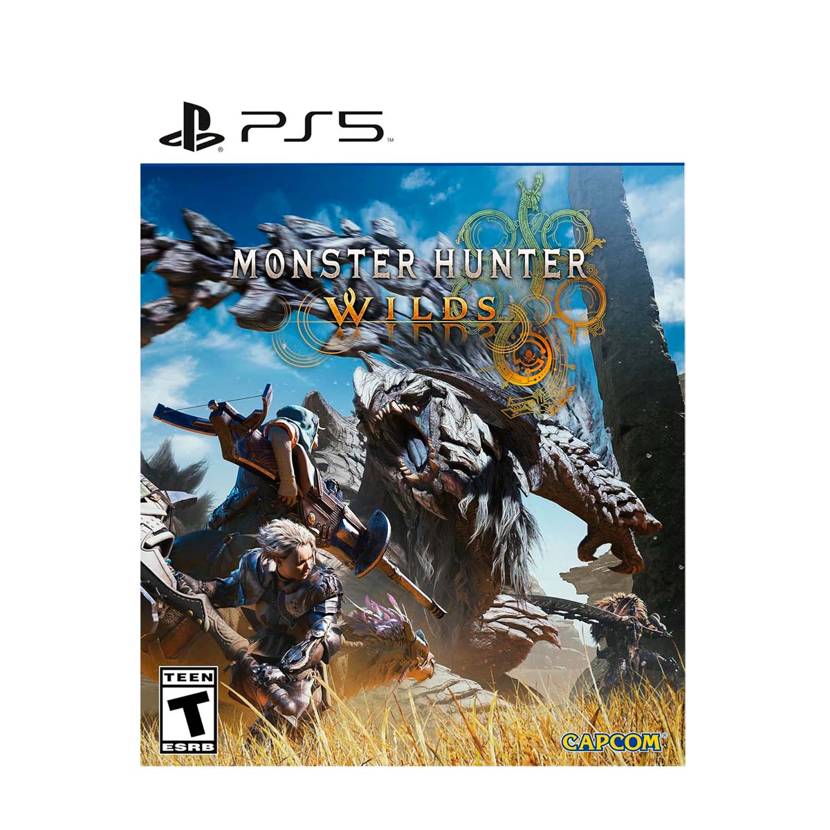 Cover art for Monster Hunter Wild – PlayStation 5 Edition, featuring a dynamic scene with hunters battling a massive monster in an open-world environment.