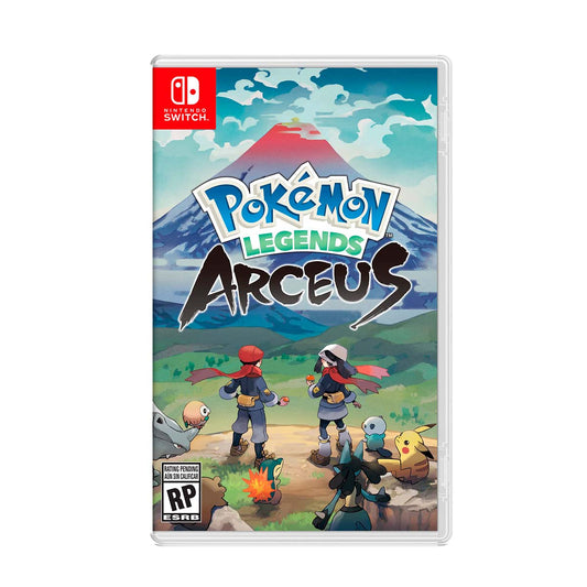 Cover art for Pokémon Legends: Arceus – Nintendo Switch Edition, featuring characters exploring a scenic landscape with Mount Lanakia in the background.