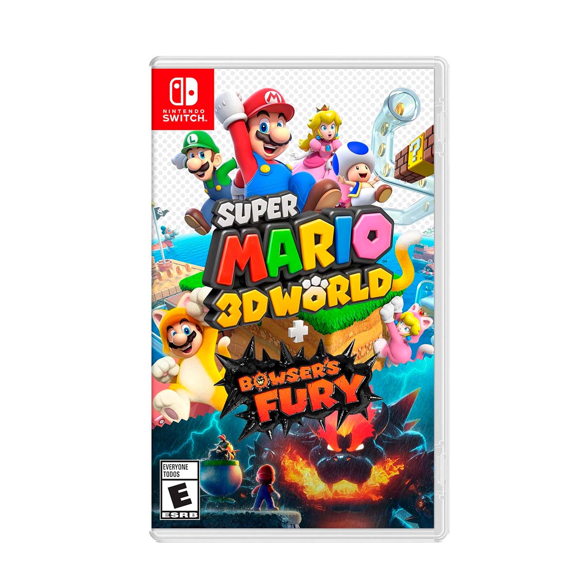 Cover art for Super Mario 3D World + Bowser's Fury – Nintendo Switch Edition, featuring Mario and other characters ready for action.